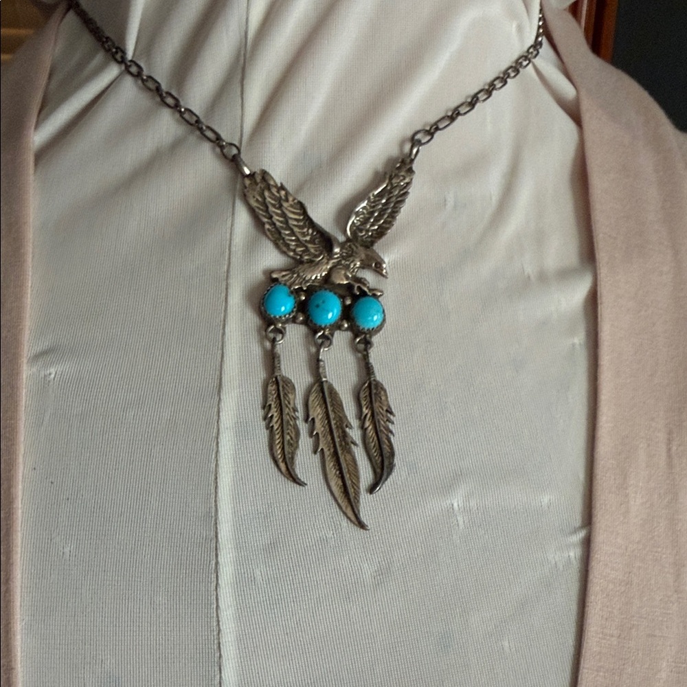 Silver Eagle Pendant Necklace with Turquoise Accents